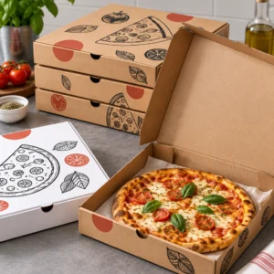 cajas de pizza artesanales con albahaca fresca