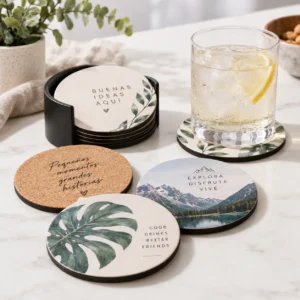 posavasos personalizados y bebida refrescante