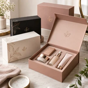 set de cosméticos de lujo en tonos rosados