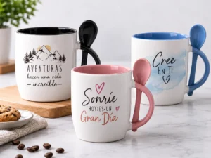 tazas inspiradoras con cucharas de colores
